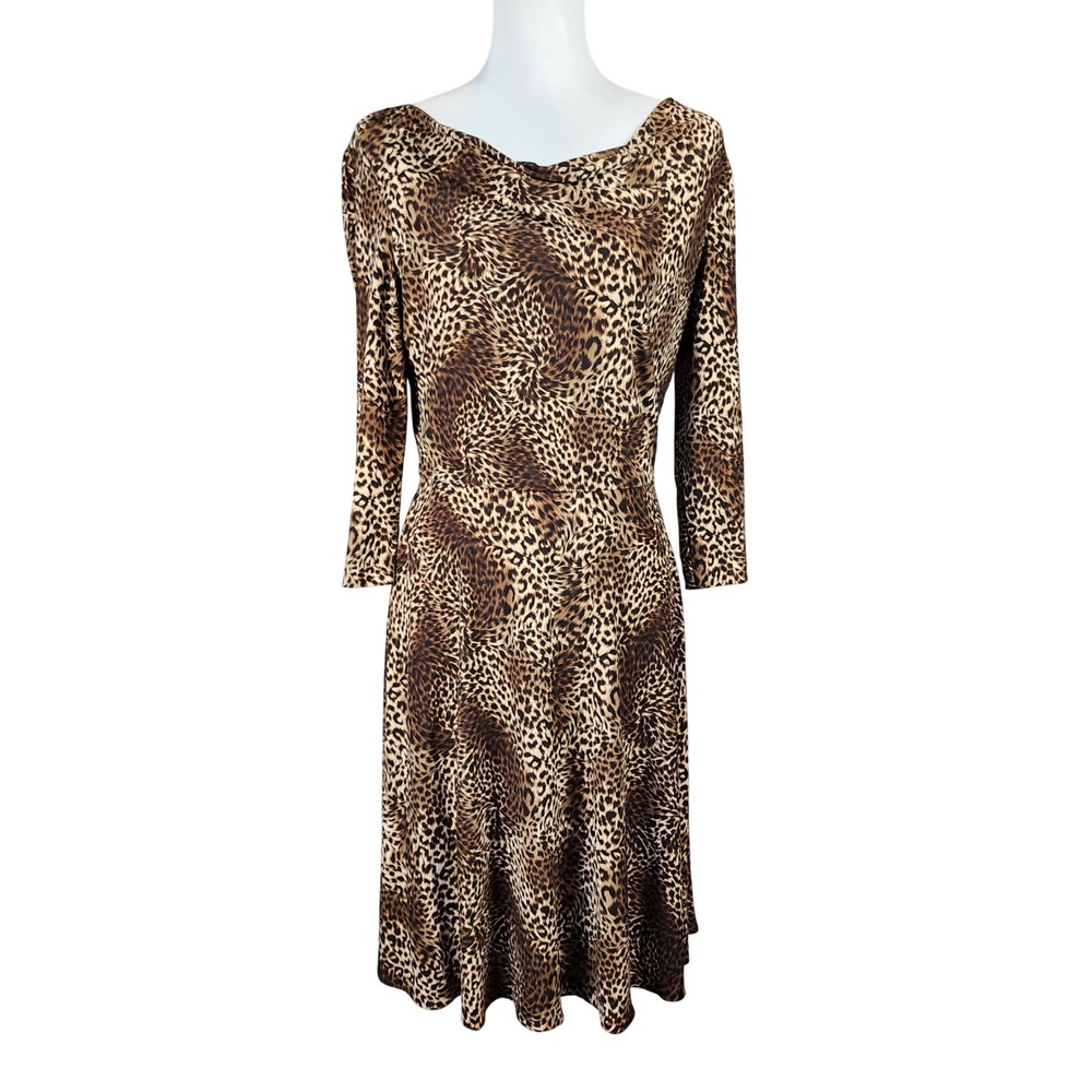 Tahari ASL Fit Flare Dress Womens 6 Leopard Animal Brown Tan Casual Officecore